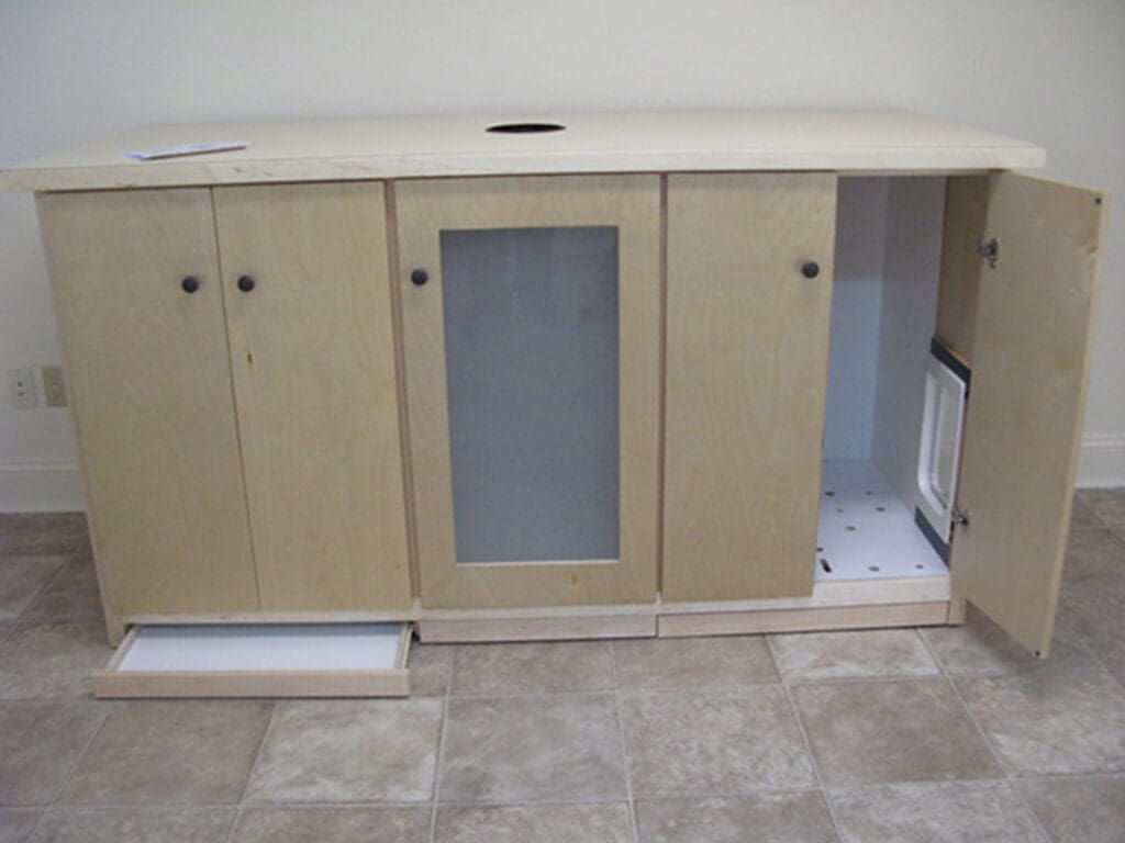 Newly refinished custom cat box with door open