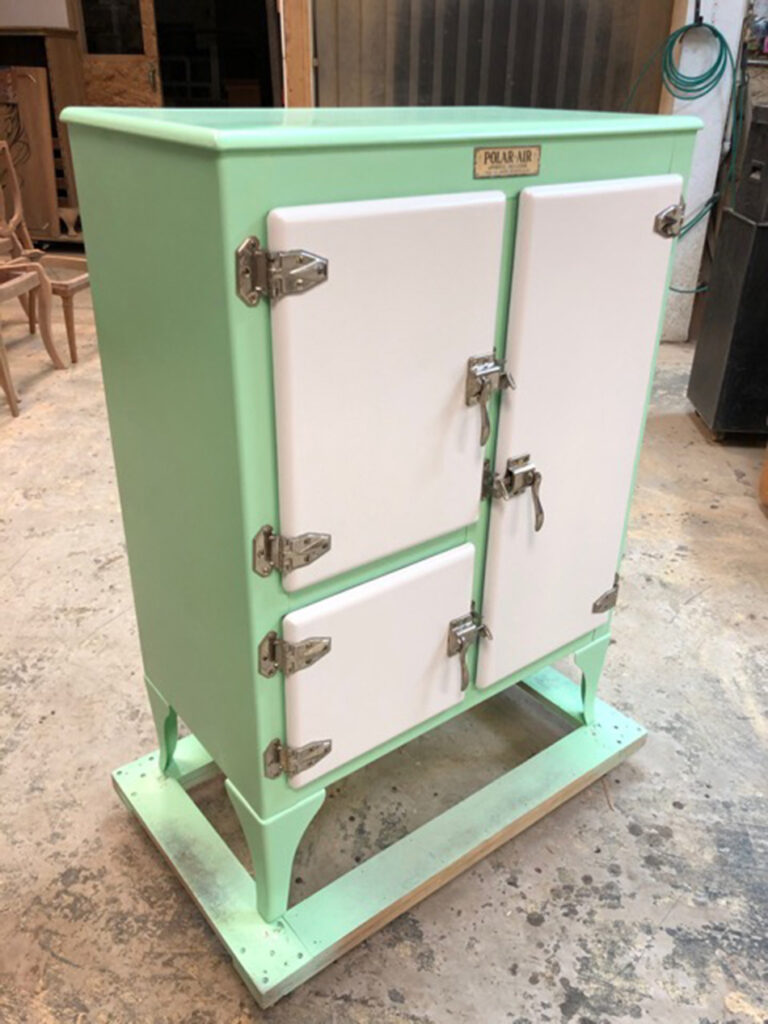 Sea Green and white polar ice box after refinish